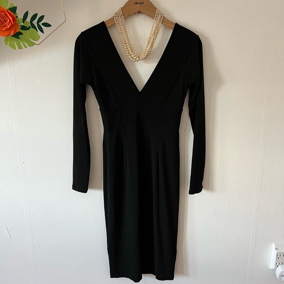 EUC Moda International S black deep v neck dress long sleeve dance date night - Picture 2 of 10